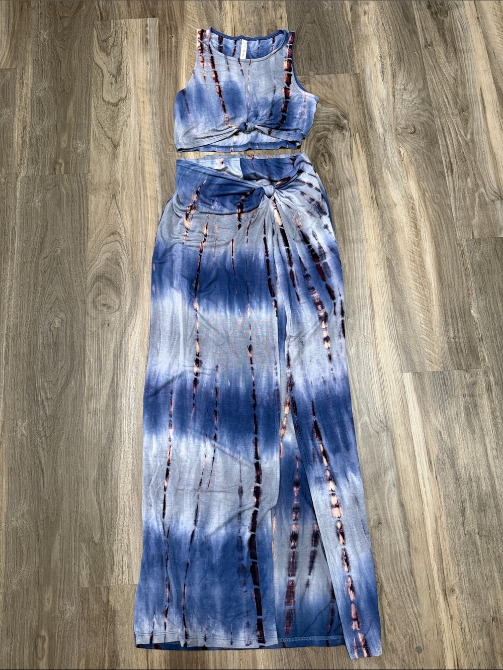 A+ Ellen Blue Tie-Dye Crop Top & Wrap Skirt Set with shorts